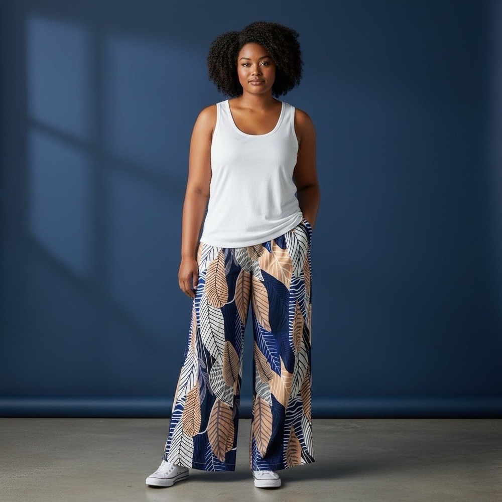 La Reyna 3X Leaf Print‎ Wide Leg Palazzo Pants Elastic Waist